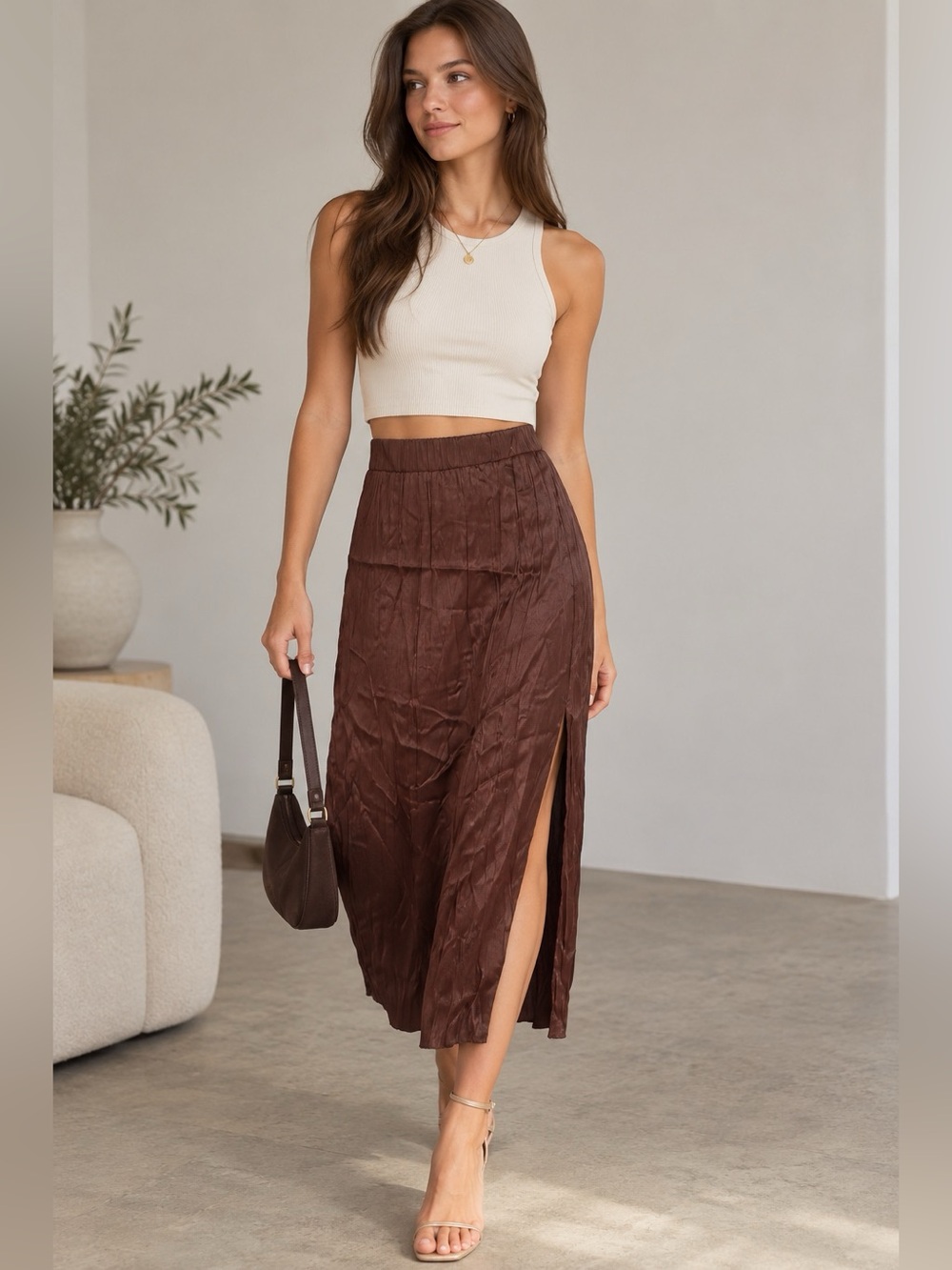 ZARA Basic Chocolate Brown Crinkle Satin Midi Skirt Side Slit Size XS